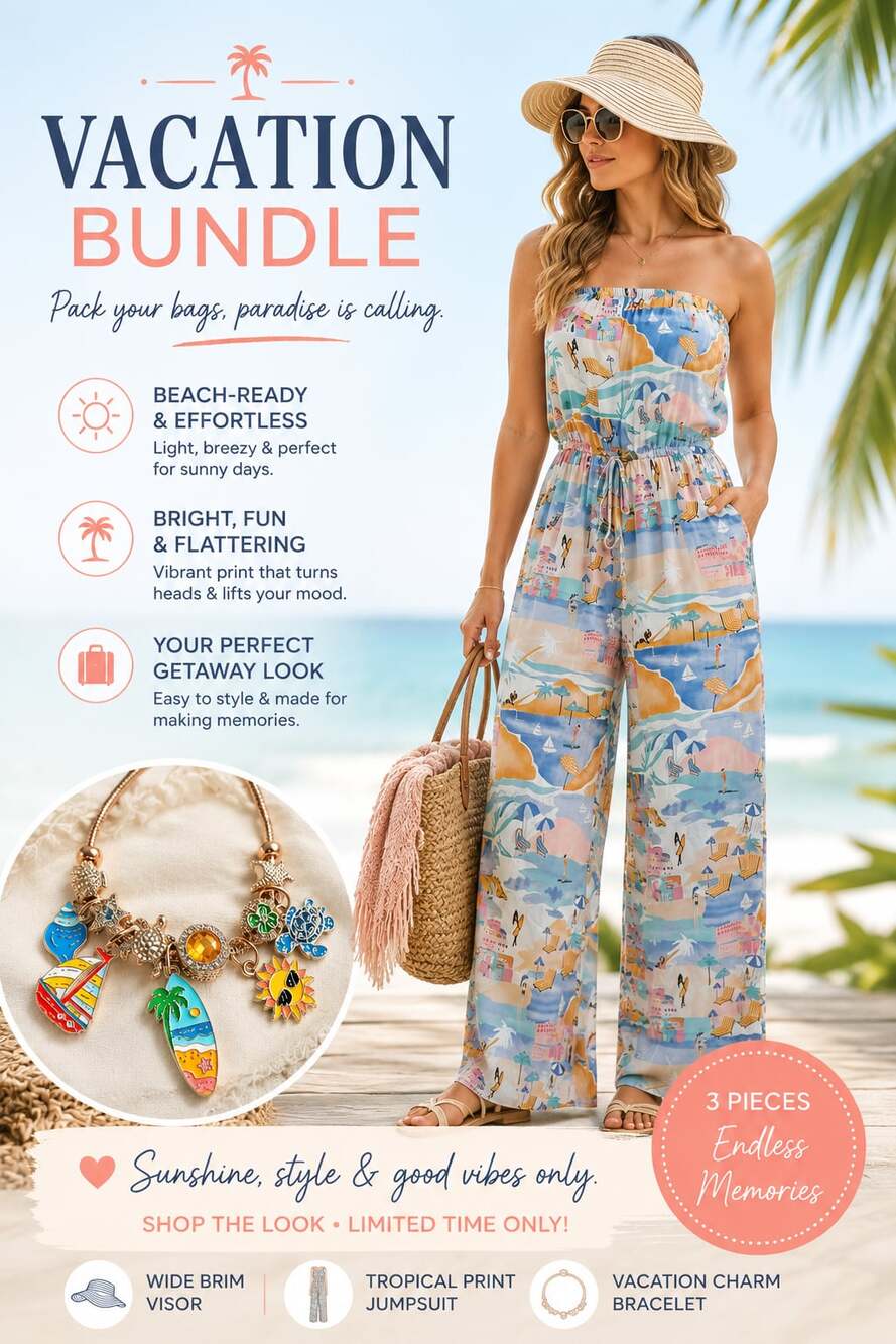 3-Piece Vacation Bundle: Tropical Print Romper XS, Straw Hat, & Charm Bracelet
